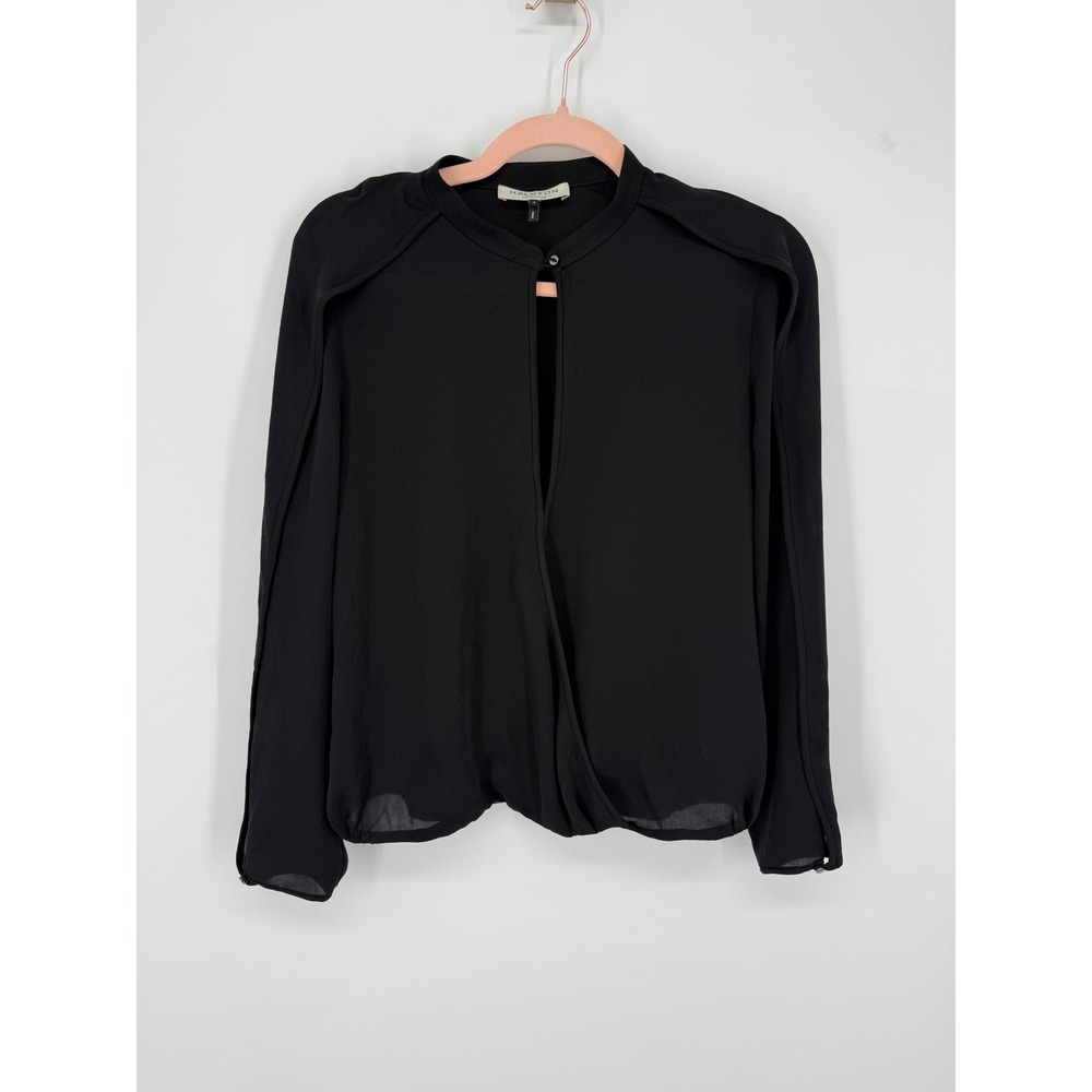 Halston Heritage Blouse Womens 4 Black Split Sleeve Wrap Front MG010803